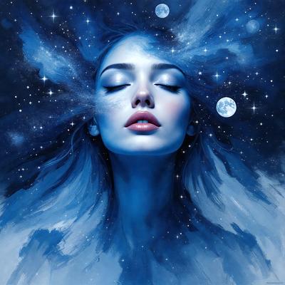 The primary subject of the image is a woman with blue hair, who is lying down and looking up at the sky. The setting is a nighttime scene with a moon visible in the background. The visual style is a painting, which gives the image a more artistic and creative appearance. The colors and mood of the image are predominantly blue, creating a serene and peaceful atmosphere.